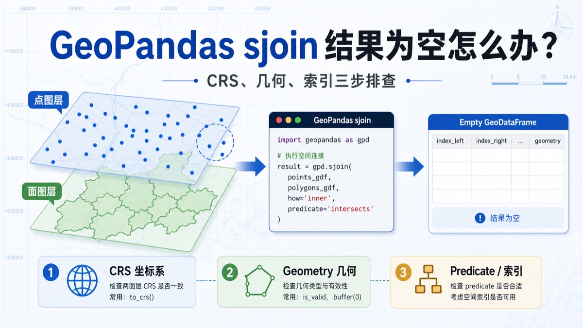 GeoPandas 空间连接 sjoin 结果为空怎么办？CRS、几何、索引三步排查