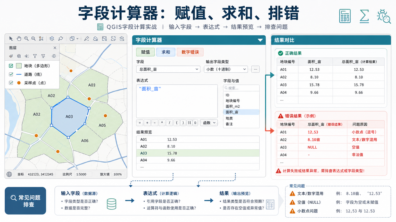QGIS字段计算器赋值、求和与数字错误排查