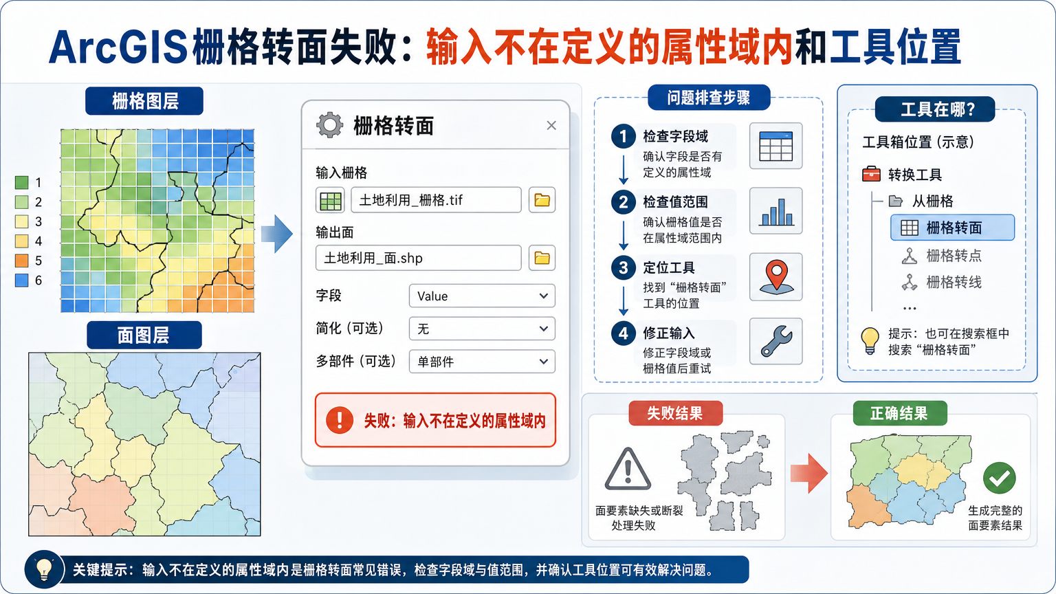 ArcGIS栅格转面失败：输入不在定义的属性域内和工具位置