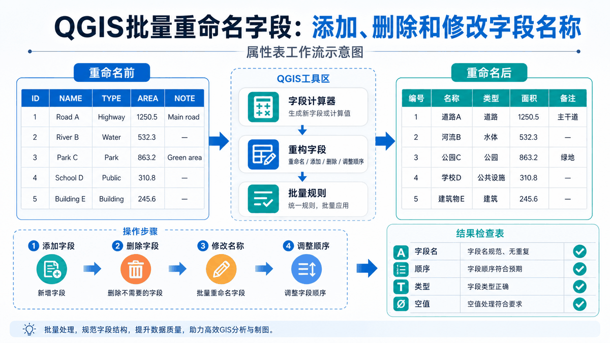 QGIS批量重命名字段与qgis批量重命名字段教程示意图