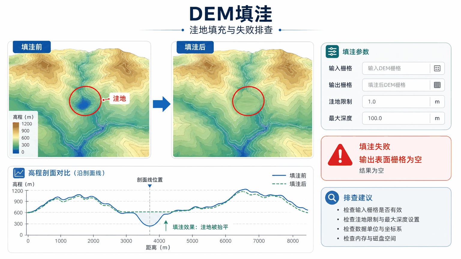DEM填洼与dem填洼教程示意图