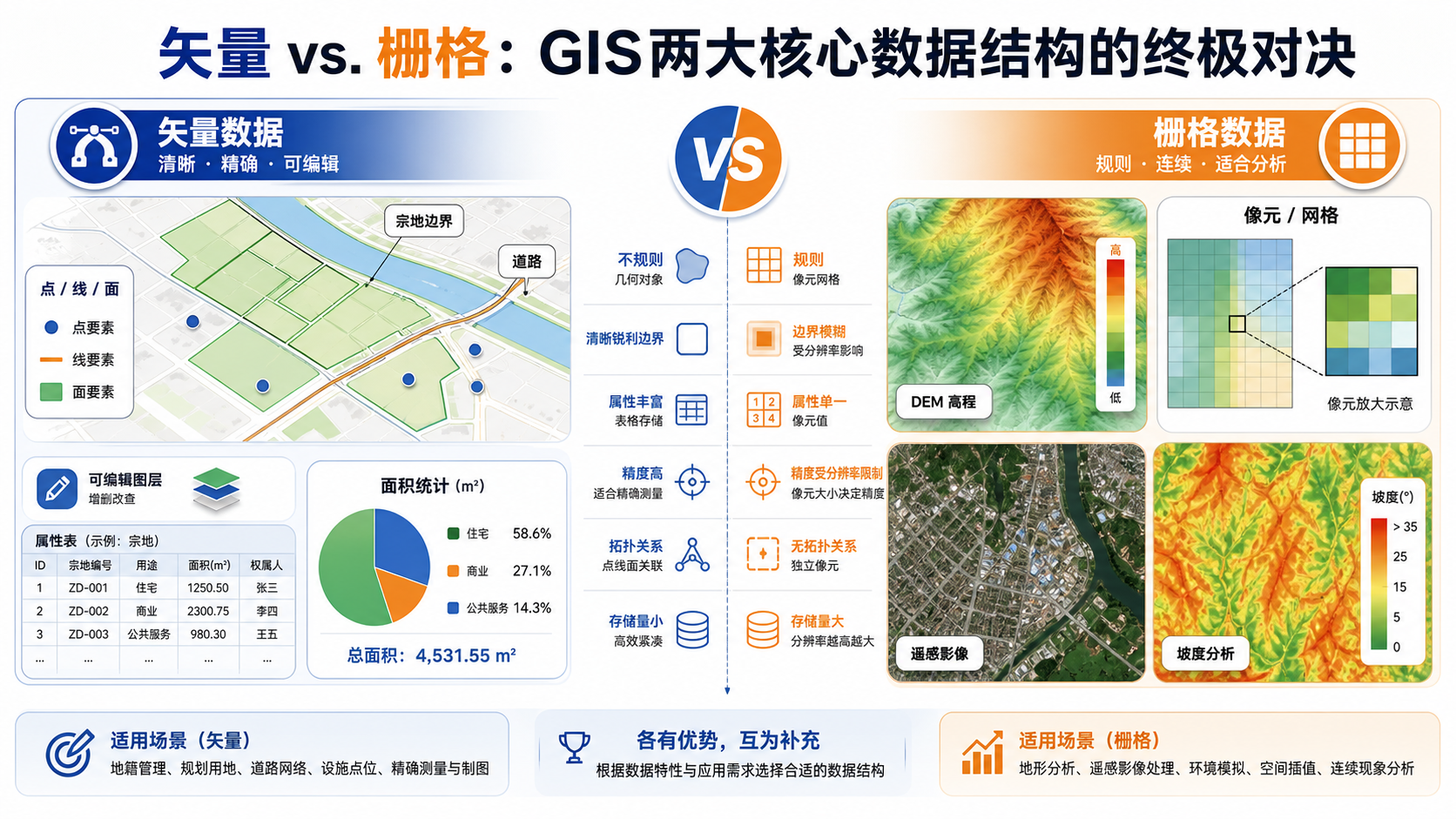 矢量 vs. 栅格与矢量数据栅格数据典型GIS场景对比图