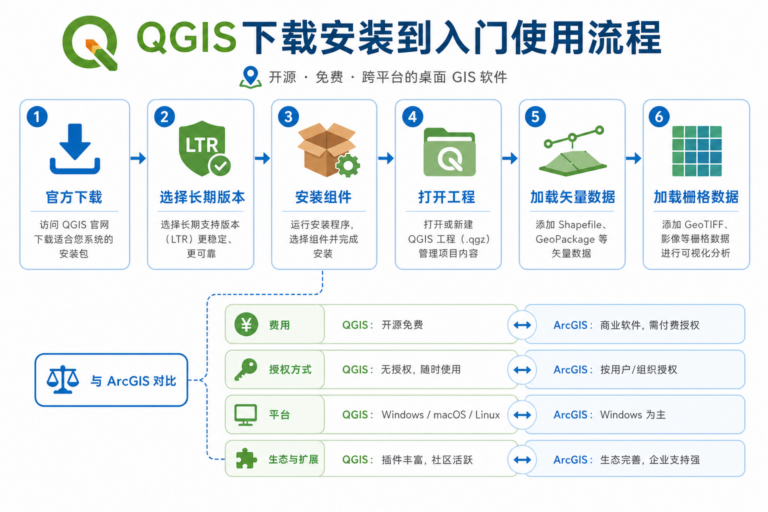 QGIS下载安装流程与QGIS和ArcGIS区别示意图
