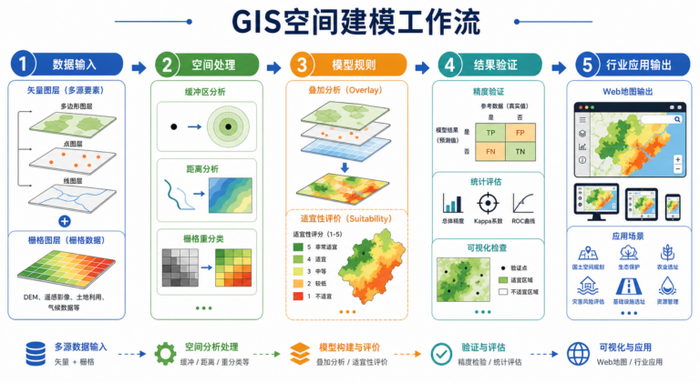GIS空间建模工具行业应用与GIS空间建模流程示意图
