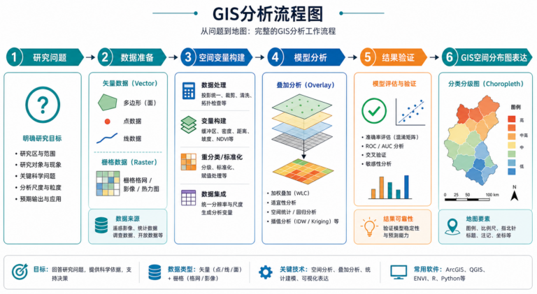 gis空间建模一般步骤与GIS空间分布图解析流程示意图