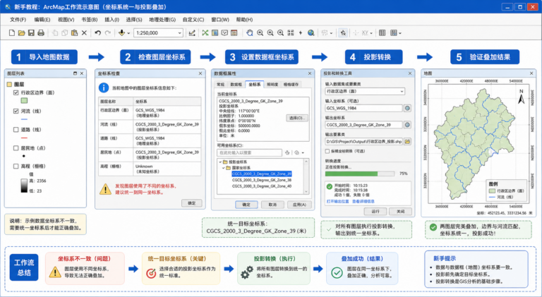 arcmap转换坐标系与arcmap怎么导入地图流程示意图