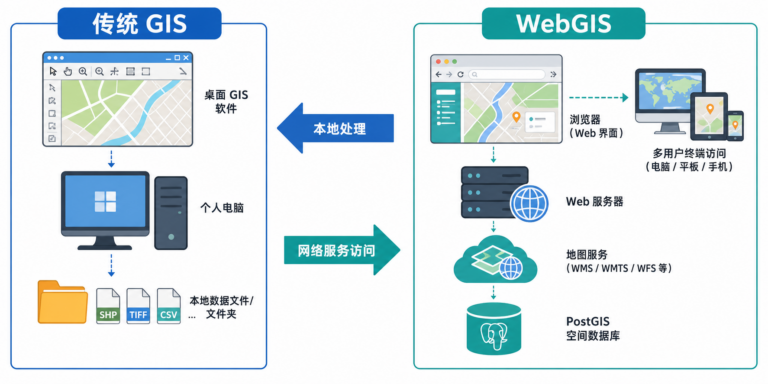 WebGIS 是什么与传统 GIS 区别示意图