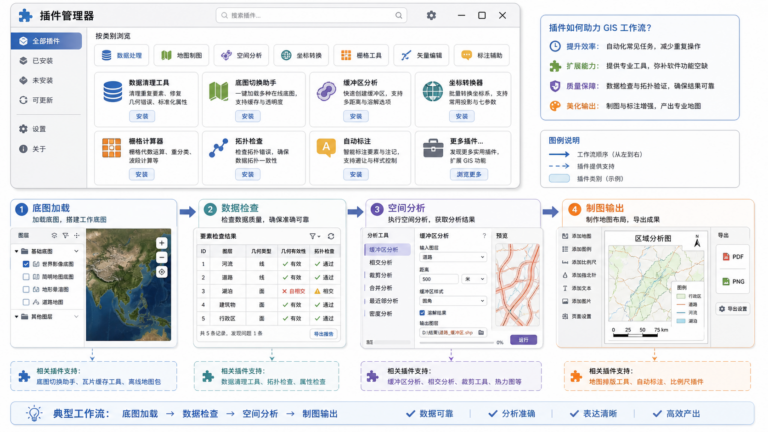 QGIS 的十大实用扩展插件与 QGIS 插件管理器工作流示意图