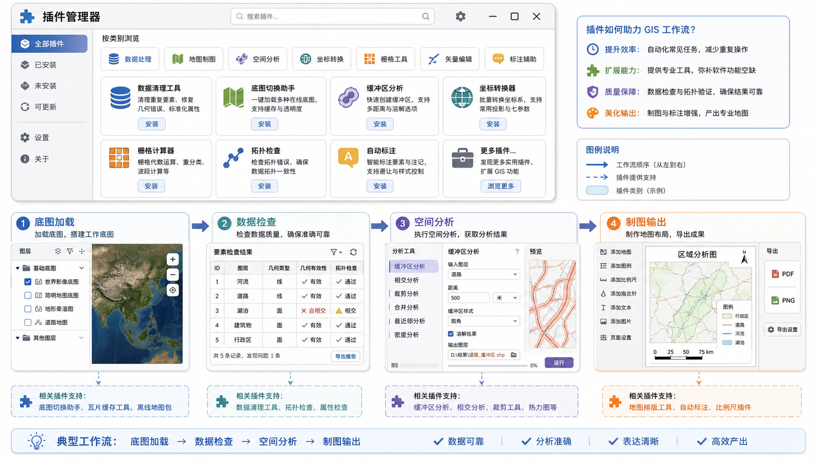 QGIS 的十大实用扩展插件与 QGIS 插件管理器工作流示意图