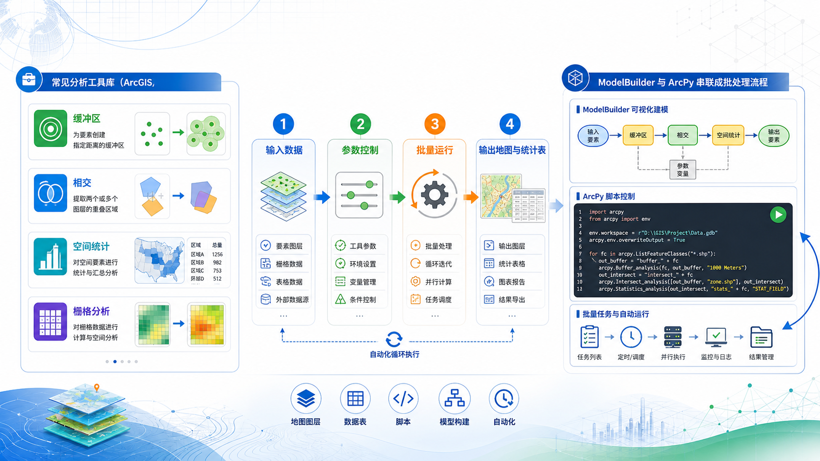 arcgis分析工具与ArcGIS分析自动化工作流示意图