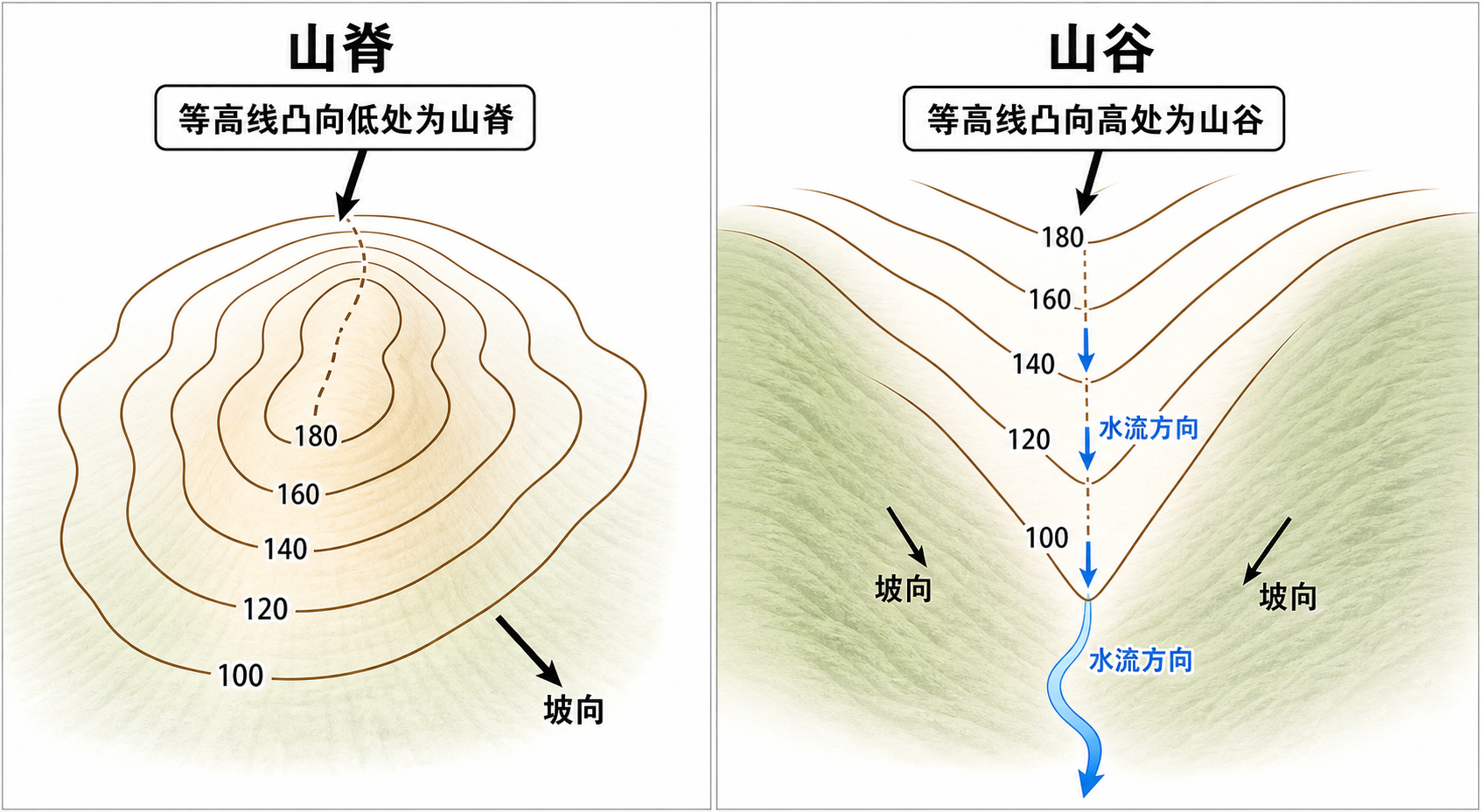 等高线山脊山谷怎么判断 等高线判读口诀示意图