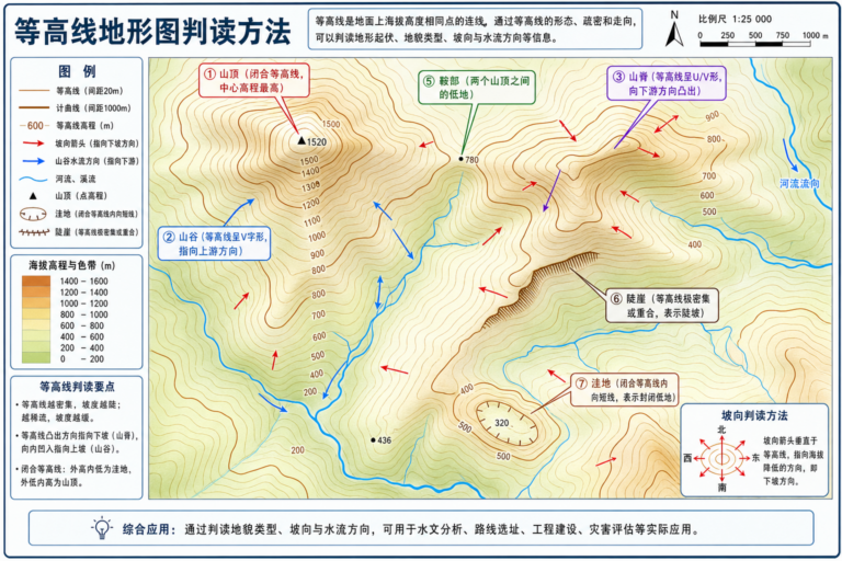 等高线地形图如何判读与山谷山脊等关键地貌特征示意图