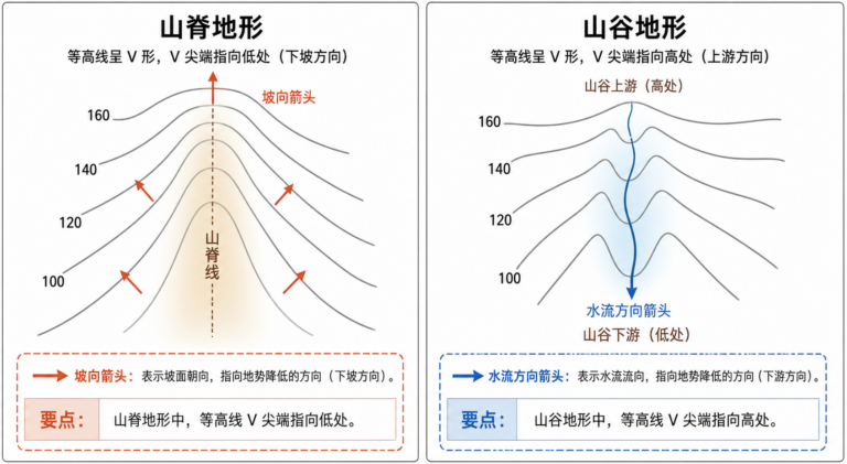 山脊和山谷地形有什么区别 在等高线图中如何区分