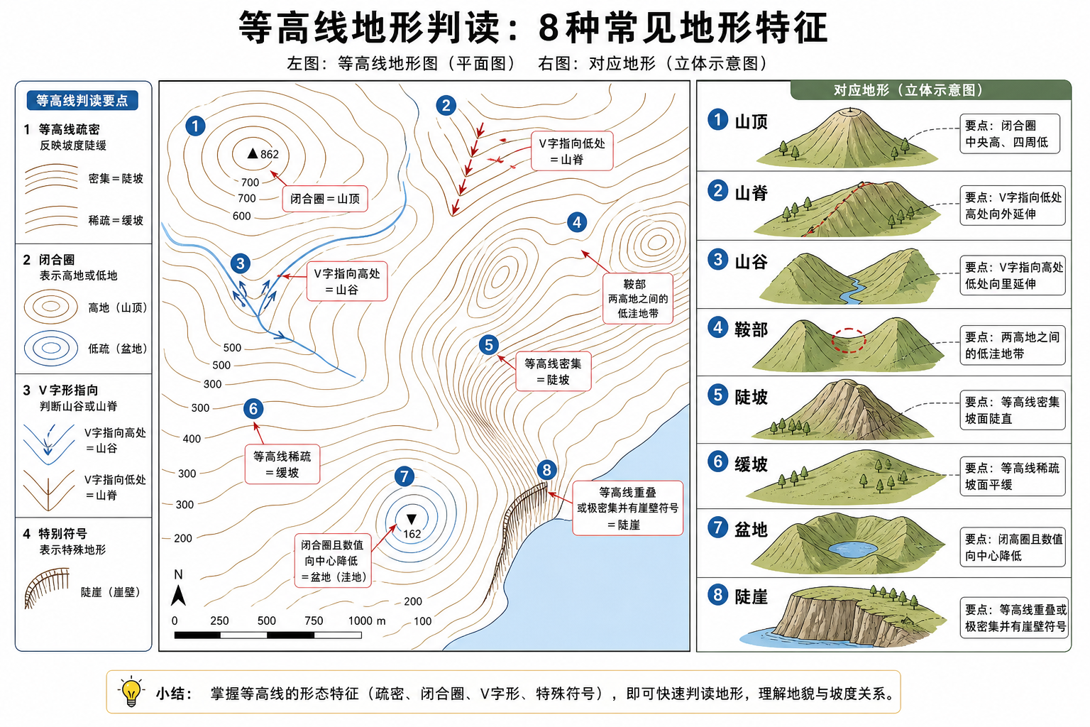 等高线图中山脊和山谷地形区别以及常见地形判读示意图