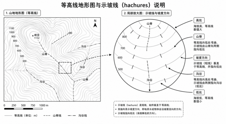示坡线在地图中的作用与坡度方向识别示意图