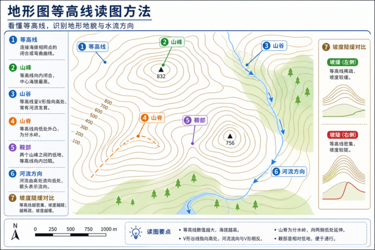 地形图等高线怎么看与等高线判读技巧示意图