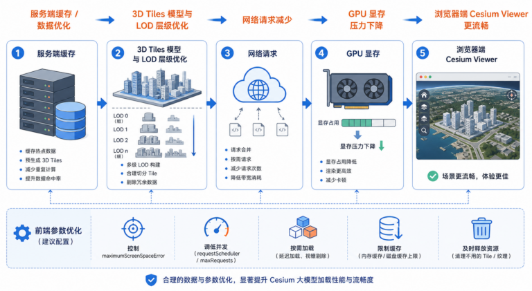 Cesium加载大模型卡顿与Cesium性能优化流程示意图
