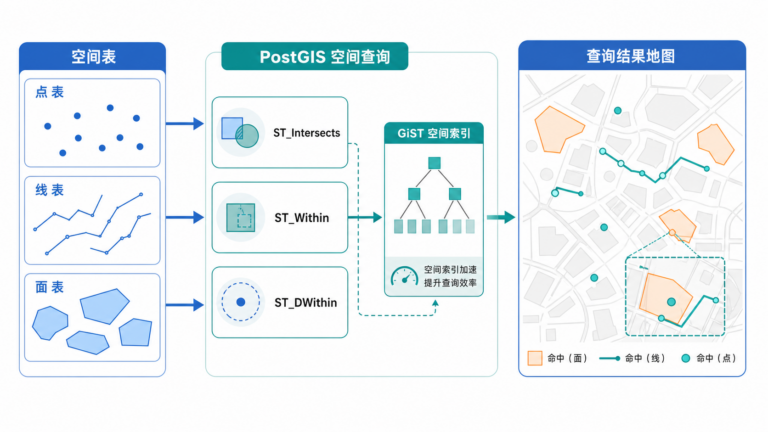 PostGIS空间查询语句和PostGIS常用空间函数流程示意图