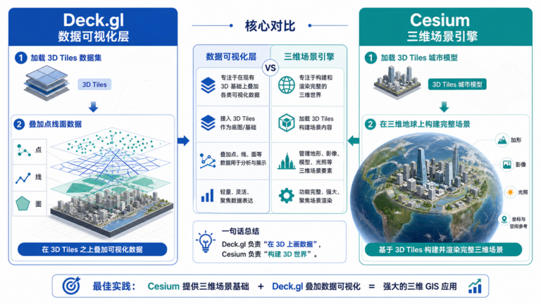 Deck.gl支持加载3DTiles与Cesium加载3DTiles区别示意图