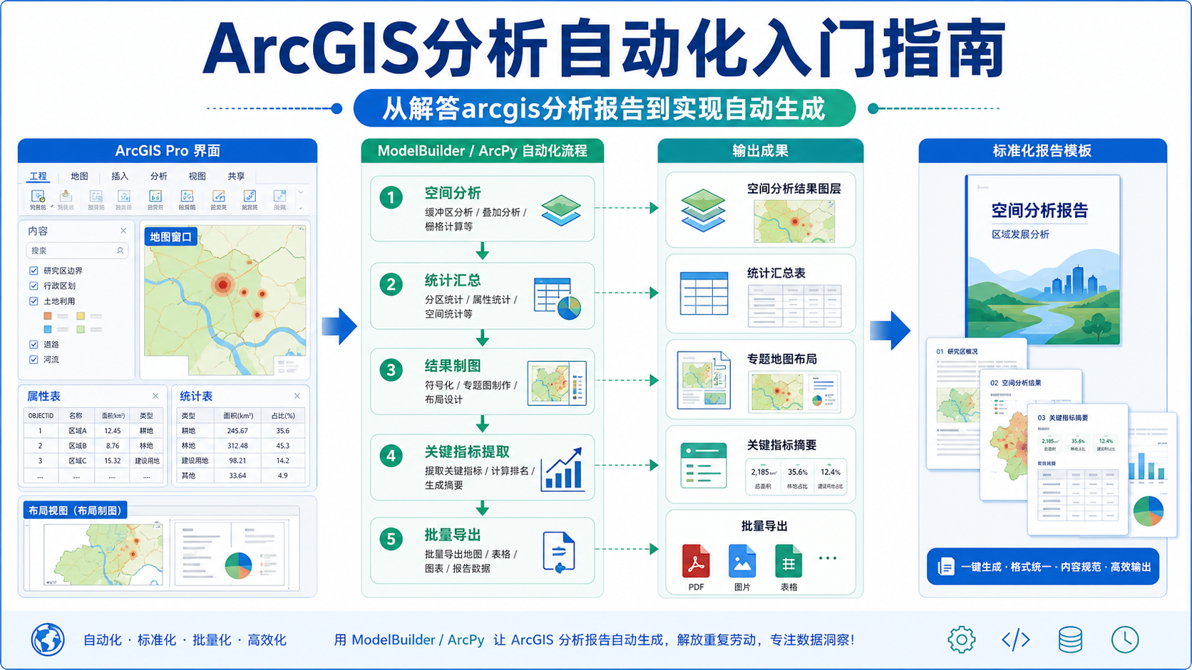 ArcGIS分析报告自动生成与标准化输出工作流示意图