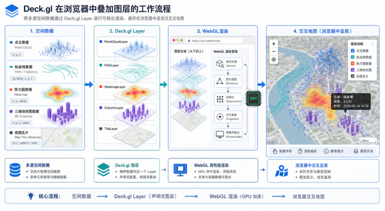 Deck.gl可视化能力和Deck.gl应用场景示意图
