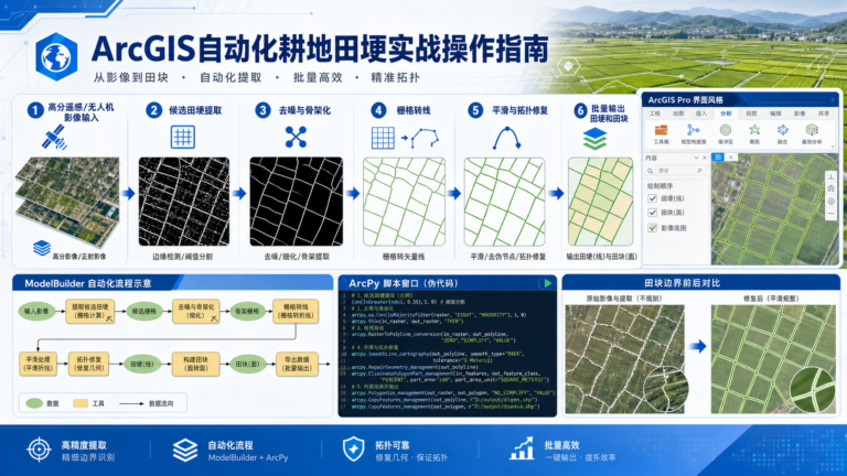 ArcGIS自动化耕地田埂提取与批量处理流程示意图