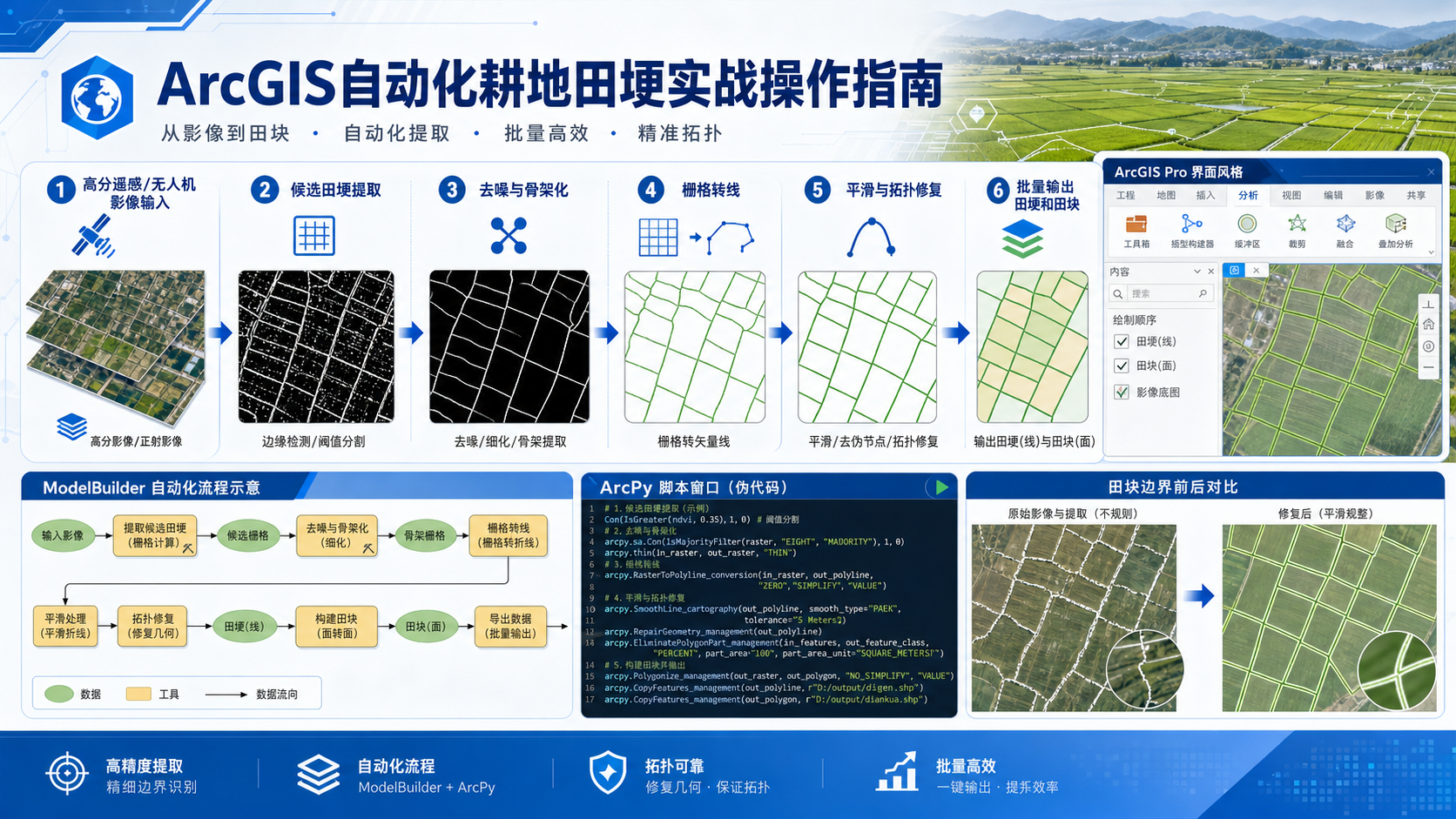ArcGIS自动化耕地田埂提取与批量处理流程示意图