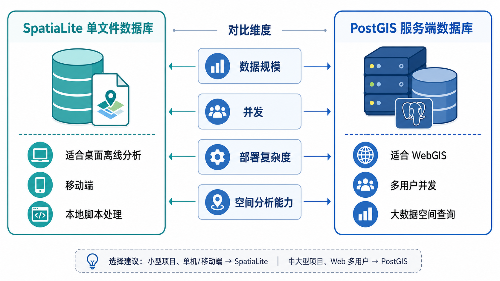 SpatiaLite对比PostGIS 轻量级空间数据库选择示意图