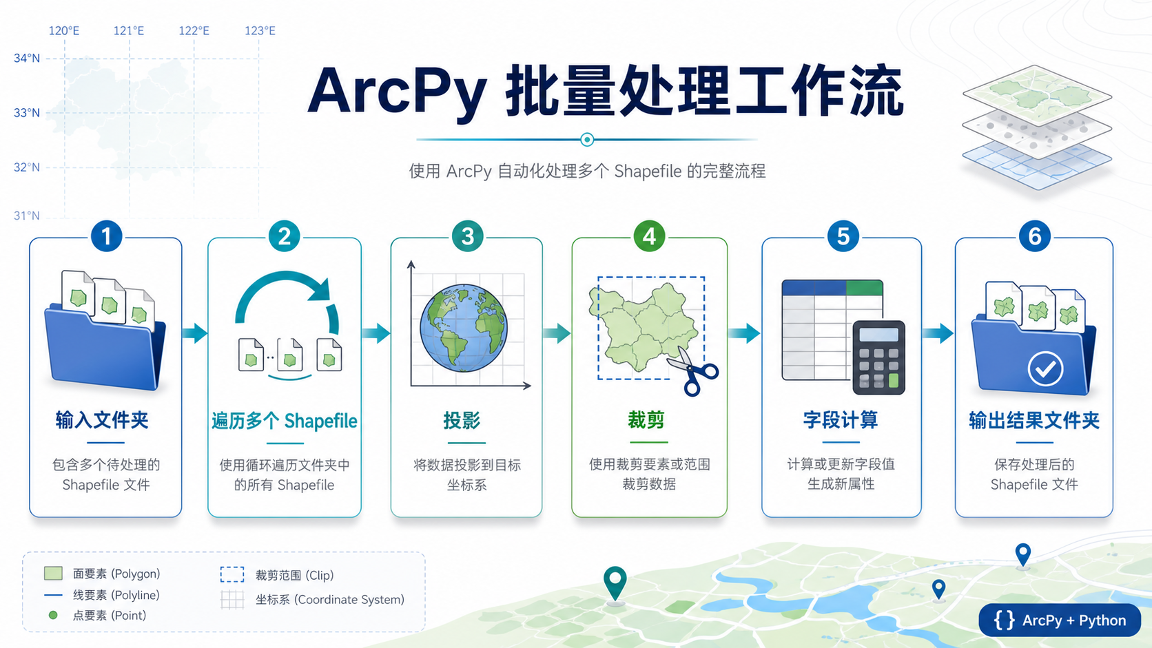 ArcPy自动化脚本批量处理 Shapefile 工作流示意图