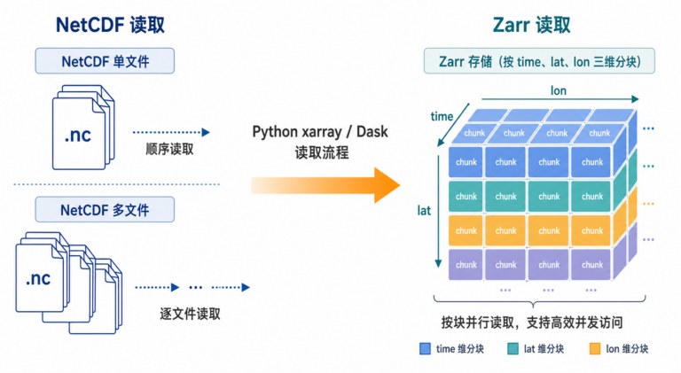 Zarr格式存气象数据与NetCDF气象数据读写速度对比示意图