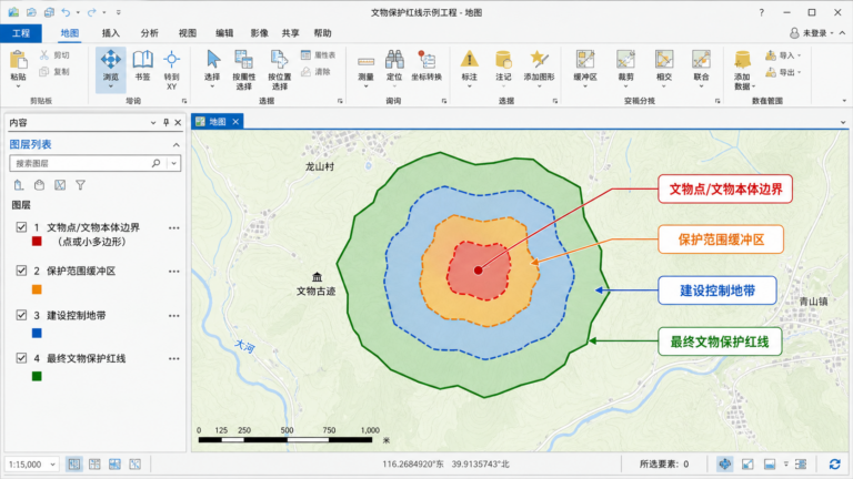 文物保护红线怎么划 GIS缓冲区分析文物保护范围示意图