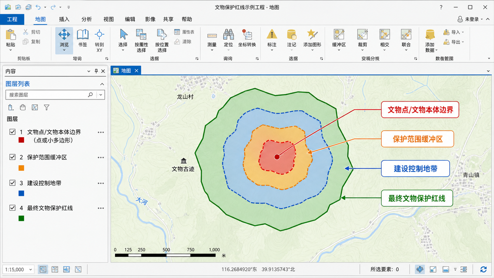文物保护红线怎么划 GIS缓冲区分析文物保护范围示意图