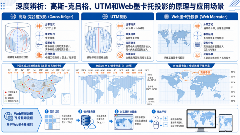 高斯-克吕格 UTM Web墨卡托投影应用场景对比示意图