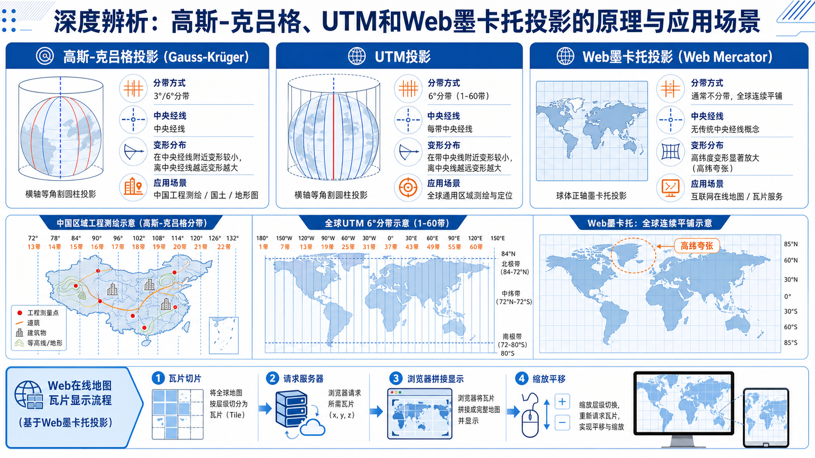 高斯-克吕格 UTM Web墨卡托投影应用场景对比示意图