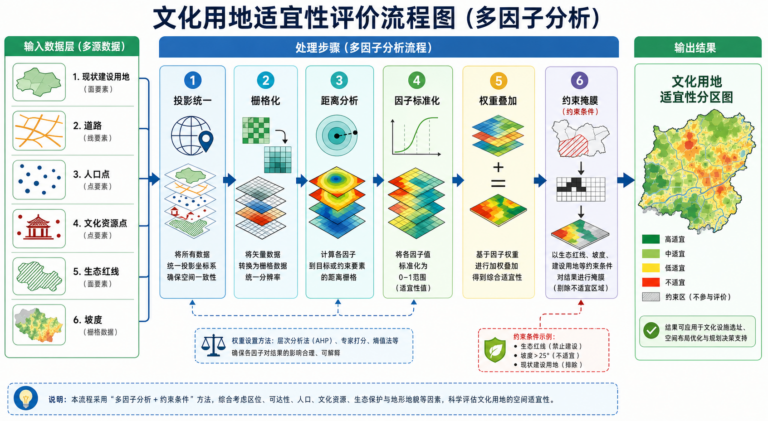 文化用地适宜性 GIS多因子评价流程图