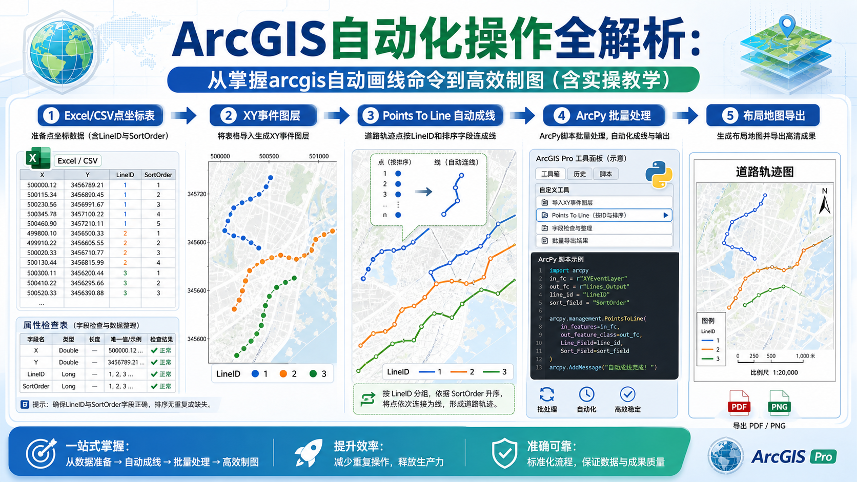 ArcGIS自动化操作与arcgis自动画线命令实操流程示意图