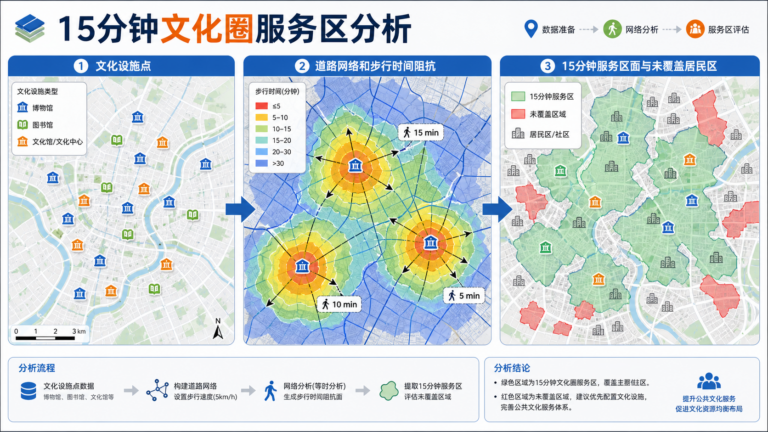15分钟文化圈服务区分析与GIS服务区分析流程示意图