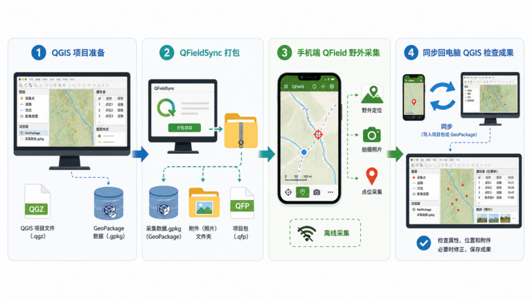 QField野外采集与QField手机端数据同步流程图