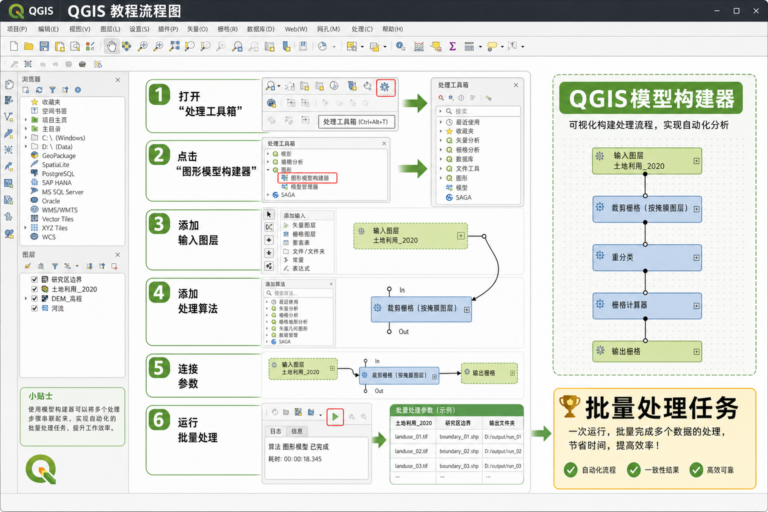 QGIS模型构建器在哪以及QGIS批量处理任务流程示意图