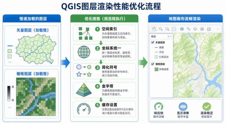 QGIS加载数据太慢与QGIS图层渲染性能优化流程示意图
