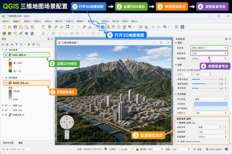QGIS三维模式怎么开 QGIS 3D地图场景配置示意图