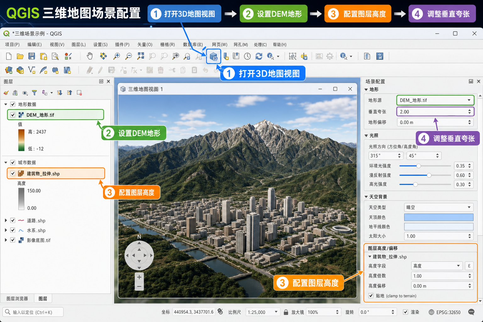 QGIS三维模式怎么开 QGIS 3D地图场景配置示意图