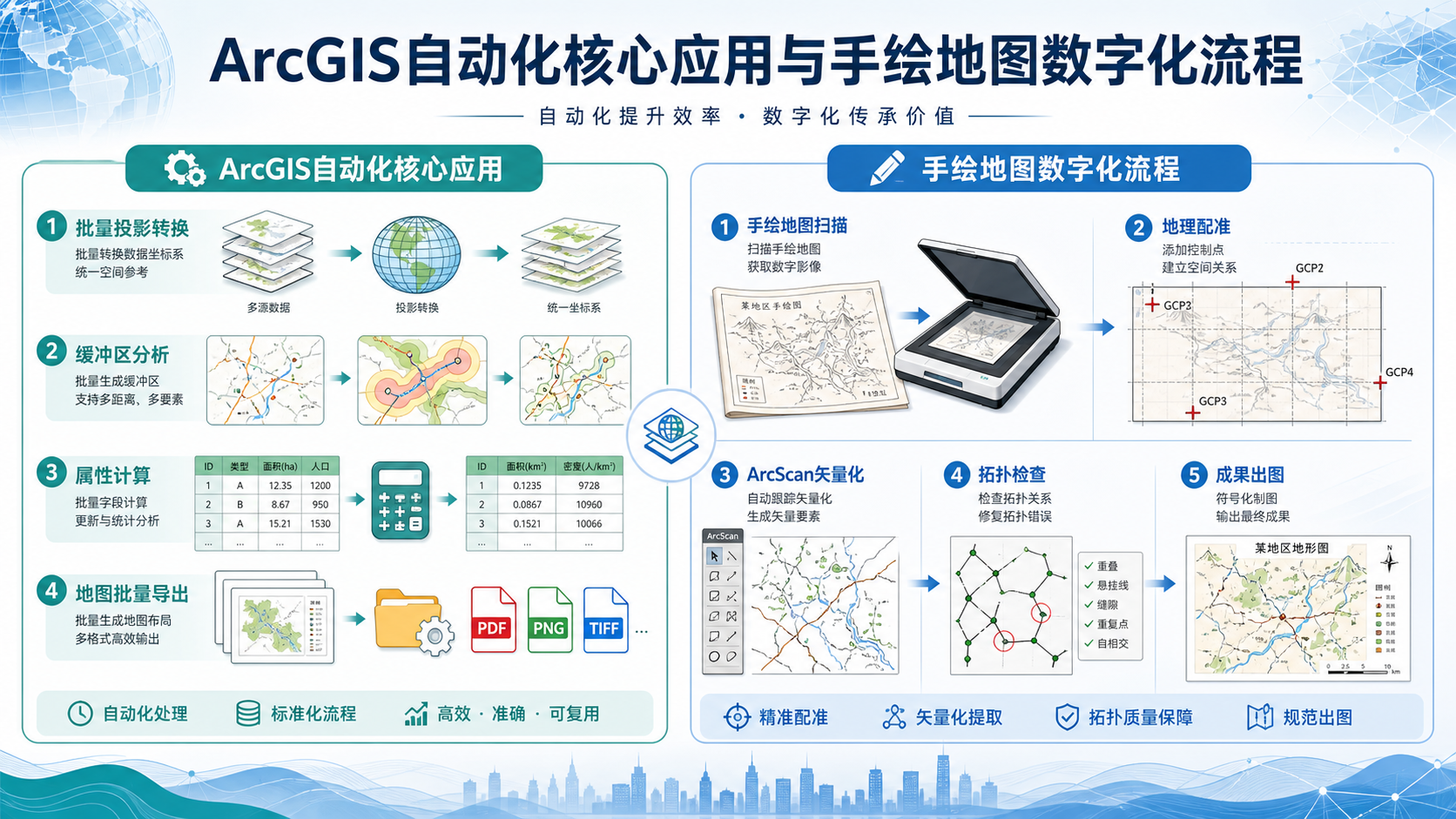 ArcGIS自动化核心应用与手绘地图数字化流程示意图