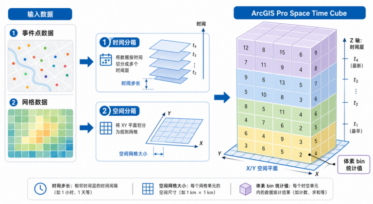 GIS在多维数据分析中的应用 时空立方体Space Time Cube构建流程示意图