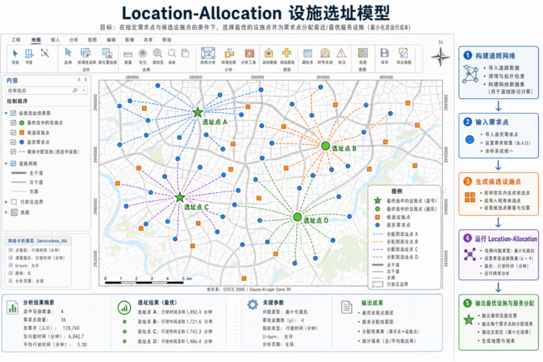 GIS在网络分析中的应用 设施选址Location-Allocation模型示意图