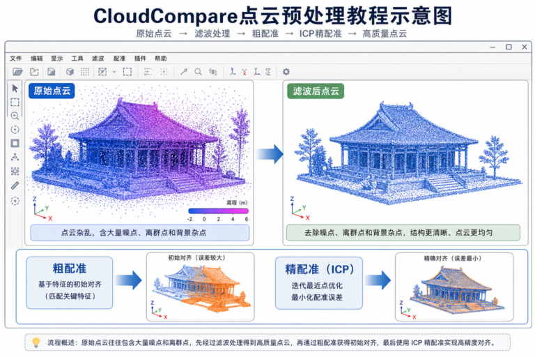 CloudCompare数据预处理 噪点滤除和点云配准步骤示意图