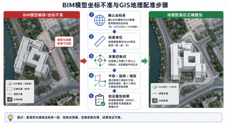 BIM模型坐标不准 GIS地理配准步骤示意图
