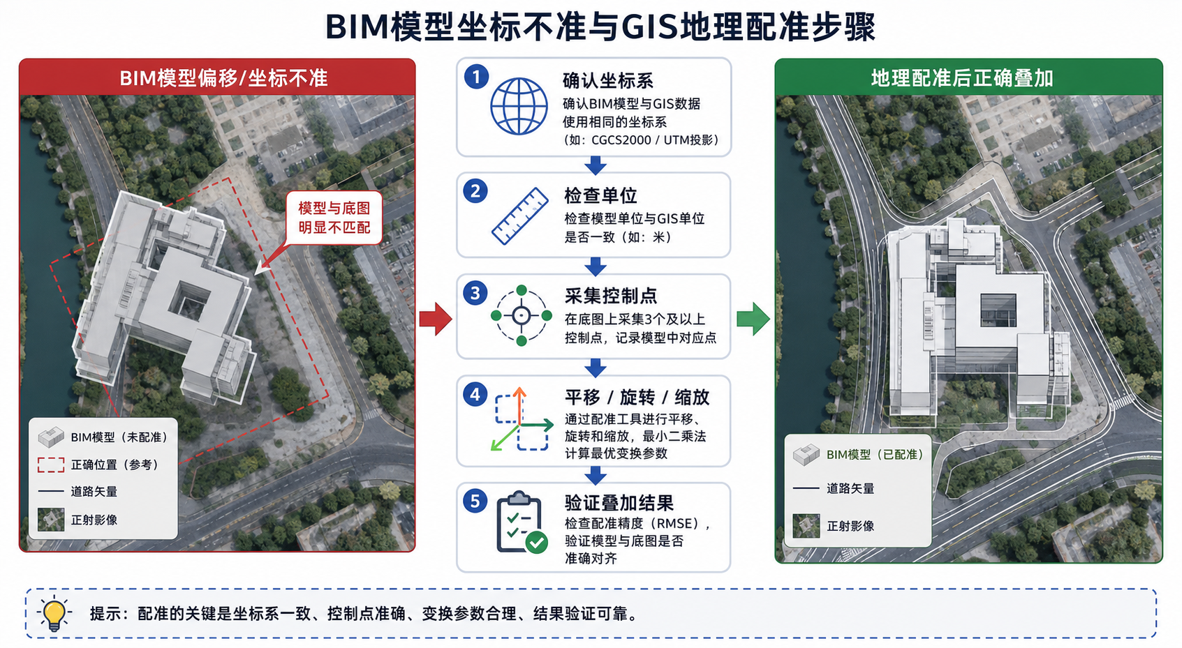 BIM模型坐标不准 GIS地理配准步骤示意图