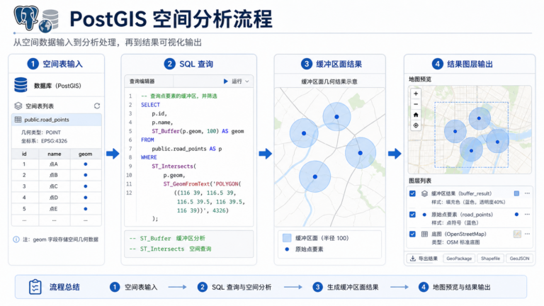 PostGIS常用函数和ST_Buffer缓冲区分析SQL流程图
