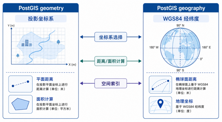 Geometry与Geography区别 坐标系该选谁 PostGIS空间计算示意图